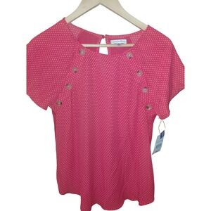 Ophelia Roe Red Polka Dot Woven Front Knit Back Button Detail Blouse Small NWT
